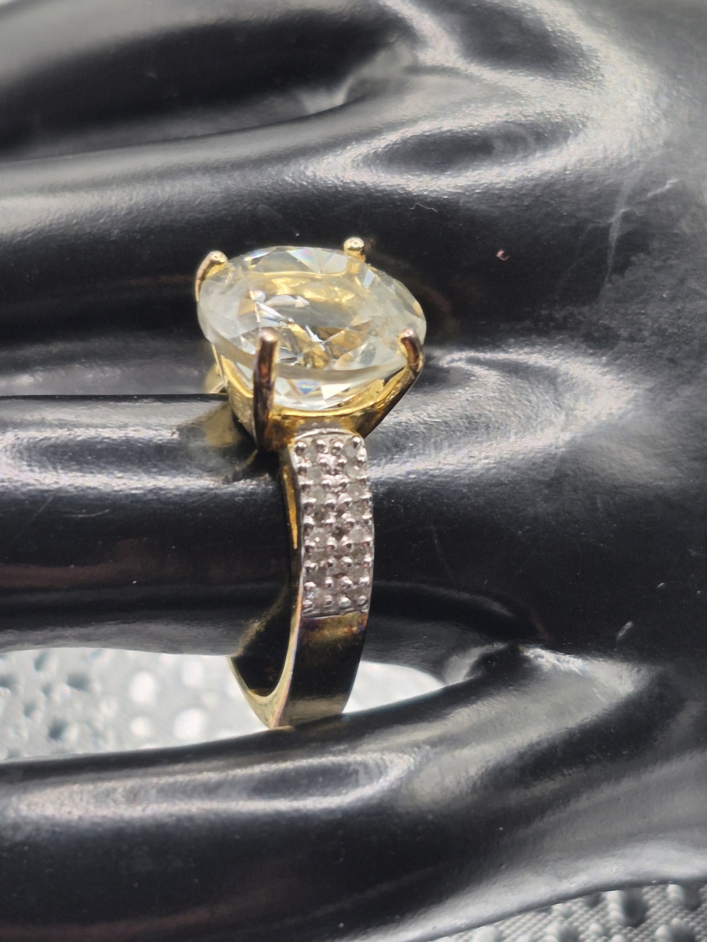 Large Light Greenish Yellow Quartz Center Stone With Diamonds On One Side